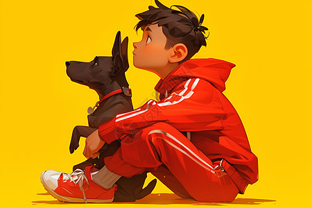 穿着红色运动服的男孩和狗图片
