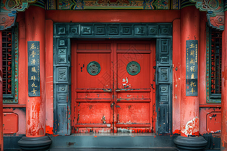 复古优雅红漆门图片