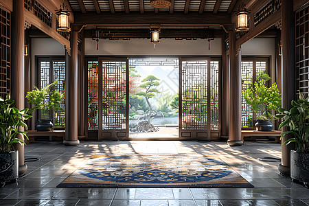 中式客厅大厅的地毯背景
