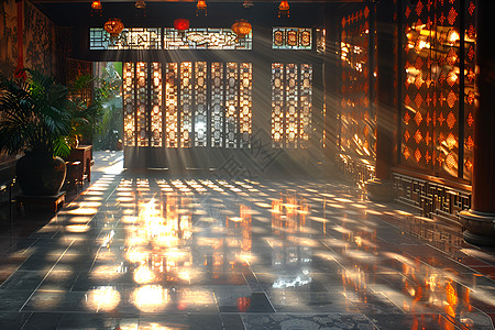 仿古屏风光影交错的客厅背景