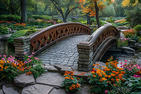 庭园中的石拱花坛桥图片