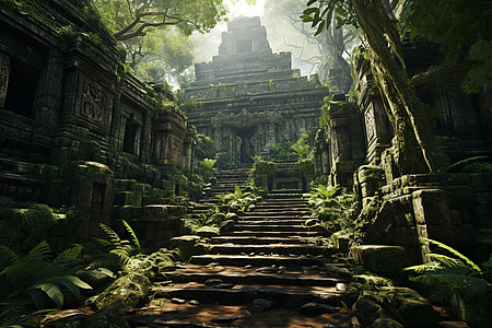 神秘寺庙在郁郁葱葱的丛林中图片