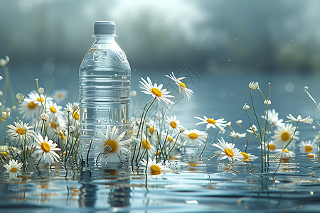 瓶子与水上的雏菊图片
