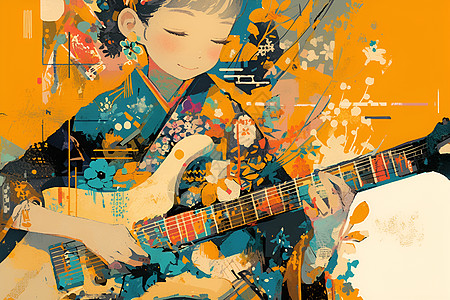女孩弹奏吉他彩绘墙后闪耀音符图片