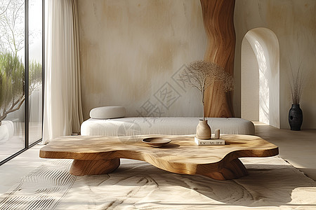 宁静的客厅木制桌子图片