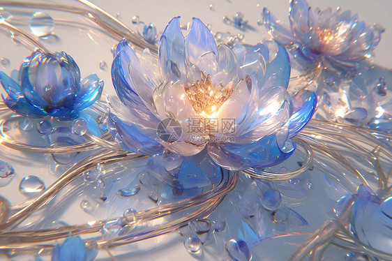 蓝色玻璃花朵图片