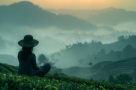 暖茶早晨的茶农背景