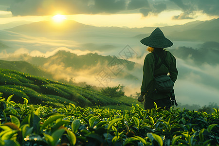 采摘茶茶园中的一个采茶工背景