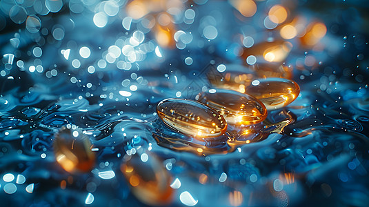 金光闪耀水中漂浮的药丸图片