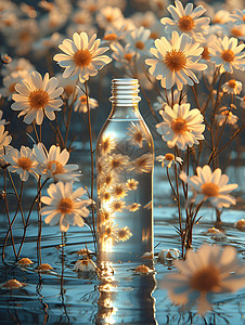 水瓶中的花朵在水塘中图片