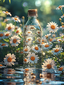 池中的水瓶与雏菊图片