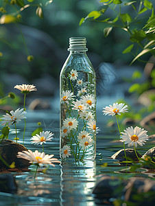 水瓶上面漂浮着雏菊图片