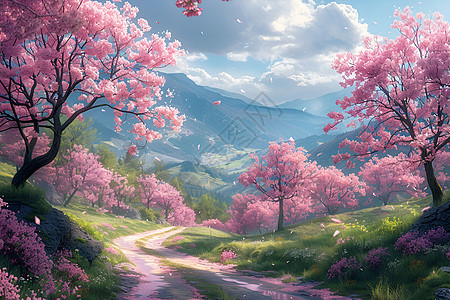 春日浪漫樱花盛放的乡村小路图片