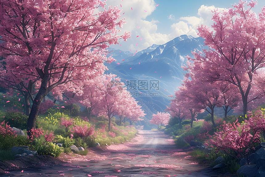 樱花盛开的乡间小路图片