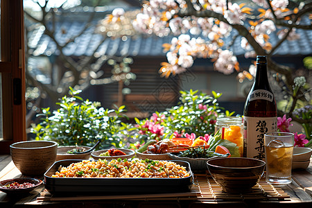 日式炒饭樱花下的美食背景