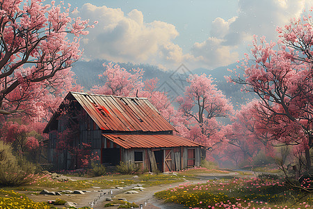 春日乡间粉色花海中的乡村小屋图片