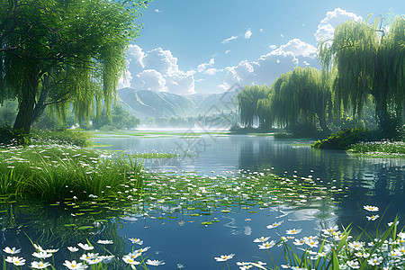 春日宁静池塘边的柳树图片
