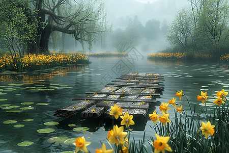 春日田园湖边木桥和花朵图片