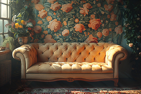 复古花卉的墙纸和沙发图片