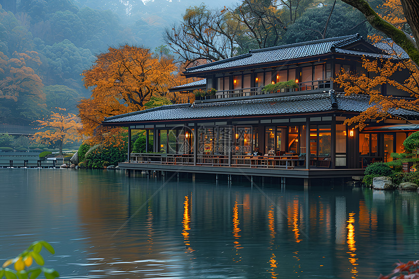 湖畔清幽秋色山居图片