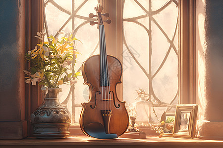 窗台上的小提琴图片