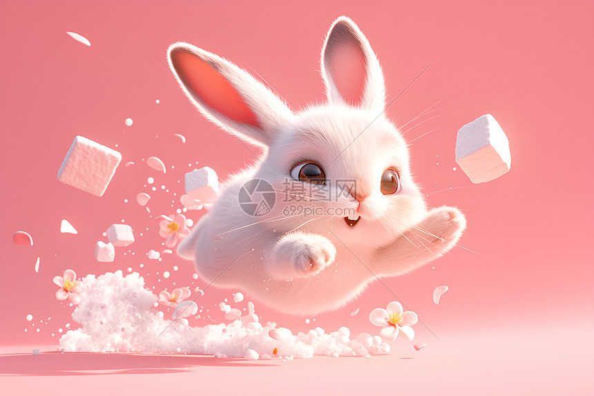 欢乐的白兔跳跃图片