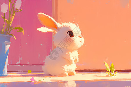 粉色背景下的棉小兔子图片