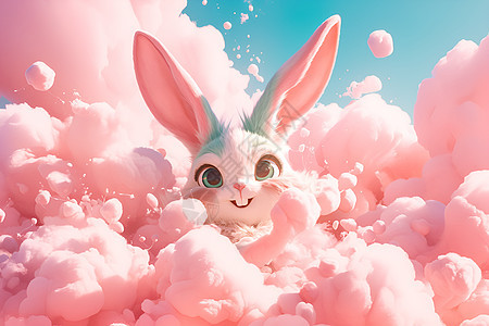 粉色云朵上的兔子图片