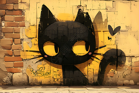砖墙上的黑猫图片