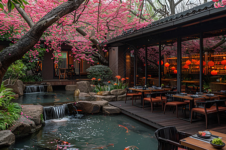 花园餐厅樱花之下的餐厅背景