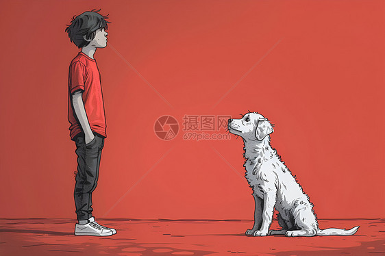 少年与狗站在红色背景前图片