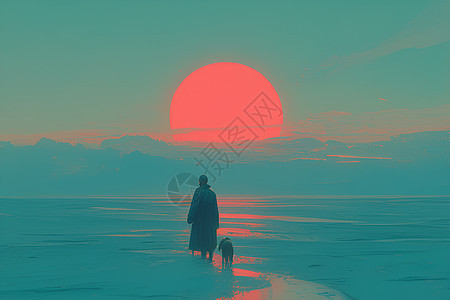 夕阳下海边的男人和狗图片