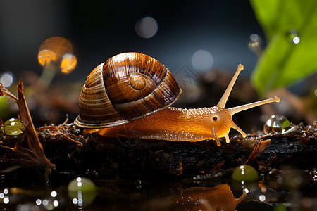 蜗牛在雨中爬行图片