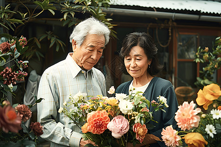 花园老人老夫妻的幸福家园背景