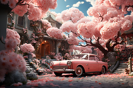 花屋前的粉色汽车图片