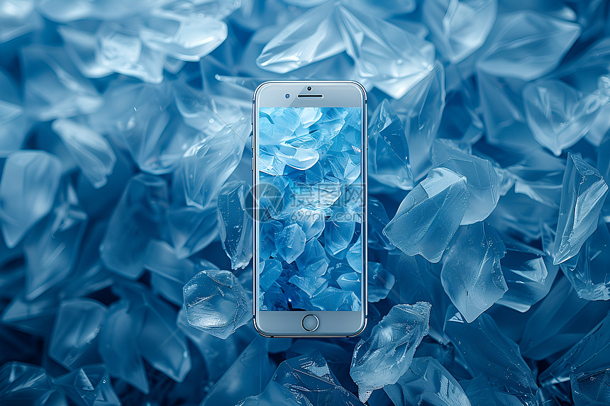 冰晶堆上的蓝色手机图片