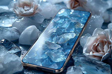 手机玻璃膜蓝色冰晶手机壁纸插画