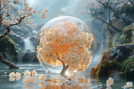 水面玻璃球里的花图片