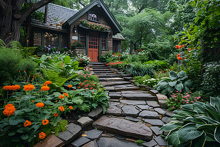 乡村花园石头小路花园里的阶梯背景