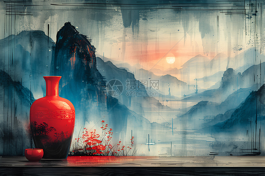 落日下的山景和花瓶图片