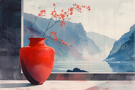 窗前山景与红花瓶图片