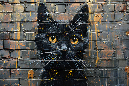 砖墙上的黑猫图片