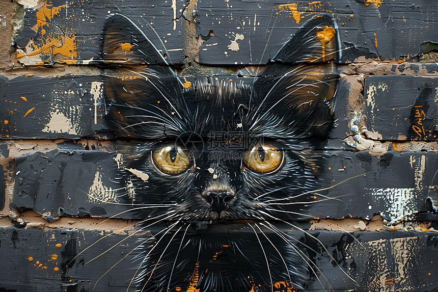 黑猫涂鸦在砖墙上图片