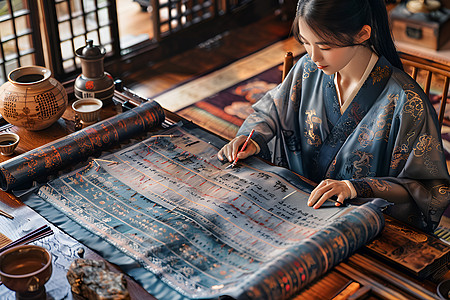 女子在卷轴上刺绣图片