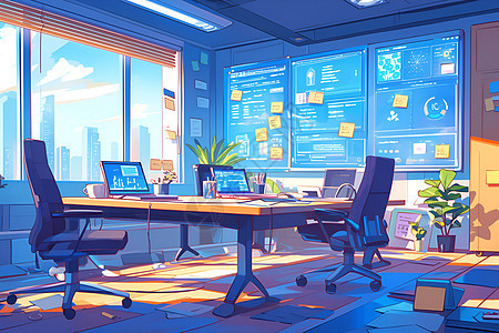 霓虹光影下的未来会议室图片