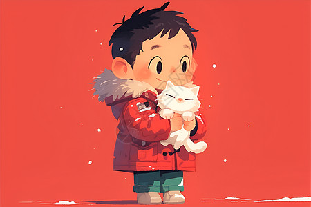 冬日男孩拥抱小白猫图片