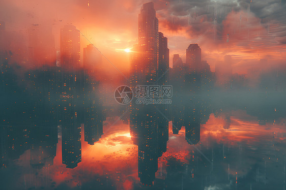 夕阳照耀下的摩天大楼倒影图片