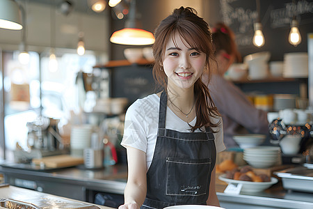 微笑的女孩咖啡店员工高清图片