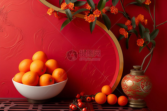 春节戏红墙-橙子与花束的静物画图片