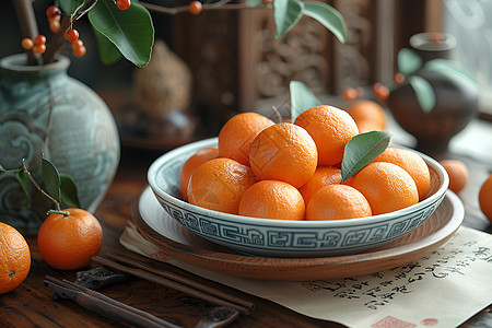 白瓷碗里摆放着橙子图片